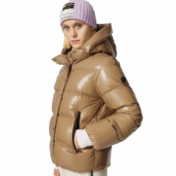 NEW $1100 Bogner Evelia Down Puffer Jacket! 8 10 12 14 Tan Luxury Lacquered Look - Picture 1 of 6